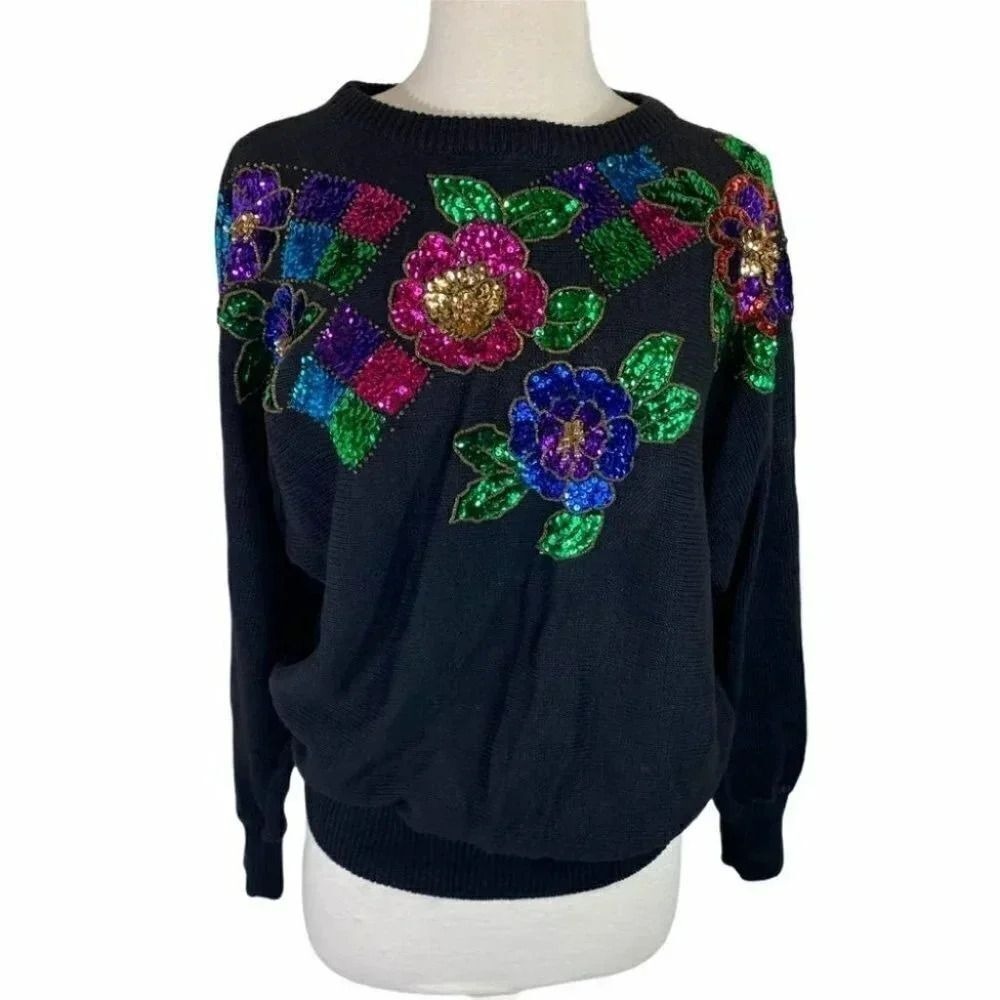 Vis A Vis Womens Large Black Sequin Floral Knit Sweater Pullover Top Whimsigoth